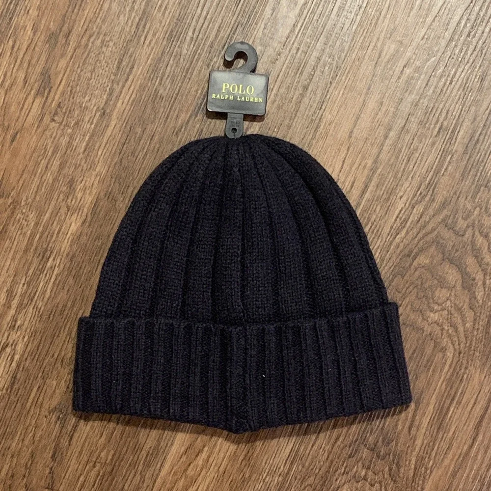 Polo Ralph Lauren Signature Merino Navy Wool Blend Red Pony Cuffed Beanie Cap